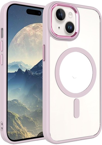iPhone 15 Kılıf Darbe Emici Mıknatıs Magsafe Metal Çerçeve Şeffaf Renkli Kenar Silikon Kapak
