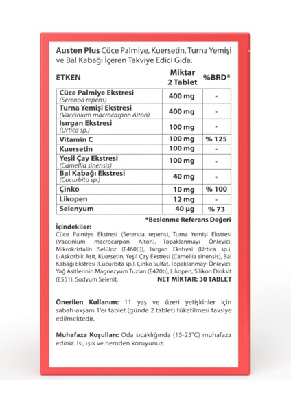 Austen Plus, Cüce Palmiye, Kuersetin, Turna Yemişi ve Bal Kabağı İçeren Takviye Edici Gıda modelleri