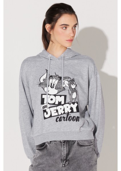 Regular Fit Normal Kesim Kapüşonlu Gri Melanj Tom ve Jerry Baskılı Sweatshirt