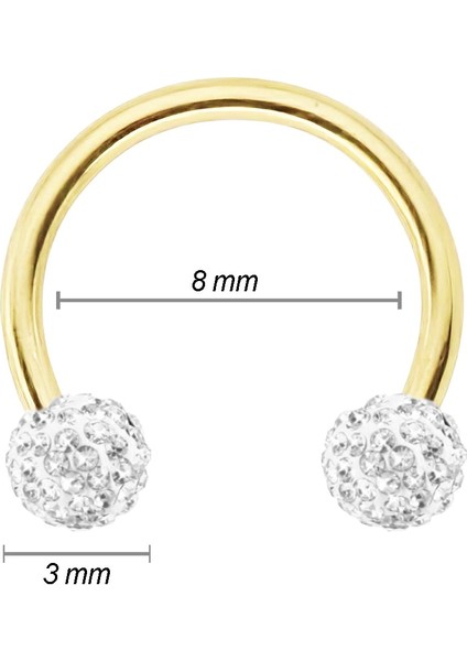 Cerrahi Çelik Swaroski Taşlı Helix, Kıkırdak Tragus Gold Renk Piercing 8mm Orta Boy