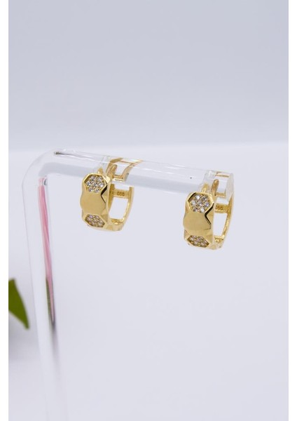 14 Ayar Altın Halka Küpe Taşlı Tasarım Kadın Küpe