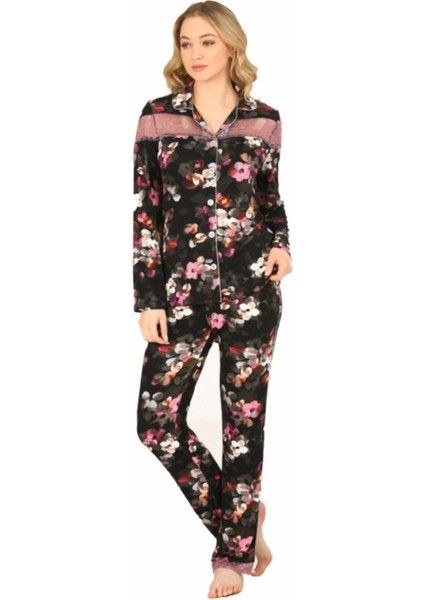 Kadın Viskon Önü Düğmeli Desenli Kışlık Pijama Takımı 3903 - 1 Adet