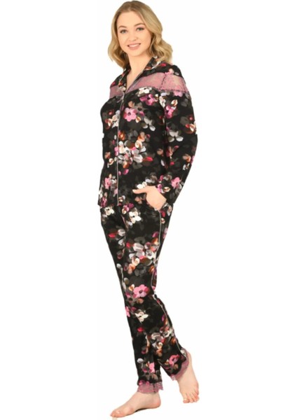 Kadın Viskon Önü Düğmeli Desenli Kışlık Pijama Takımı 3903 - 1 Adet