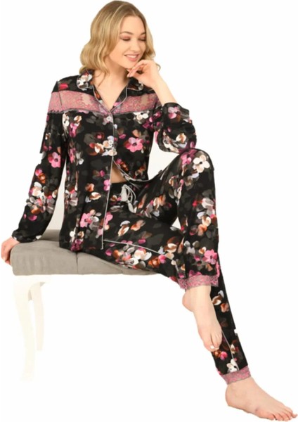 Kadın Viskon Önü Düğmeli Desenli Kışlık Pijama Takımı 3903 - 1 Adet