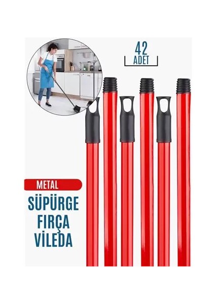 30+12 Adet Vidalı Fırça Süpürge Vileda Sapı Kırmızı 718957