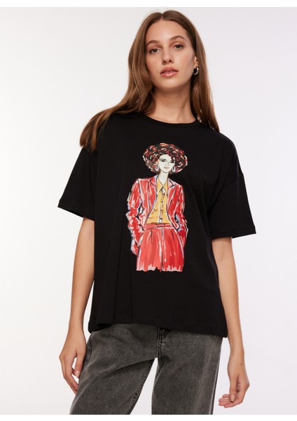 Bisiklet Yaka Baskılı Siyah Kadın T-Shirt F3WL-TST3