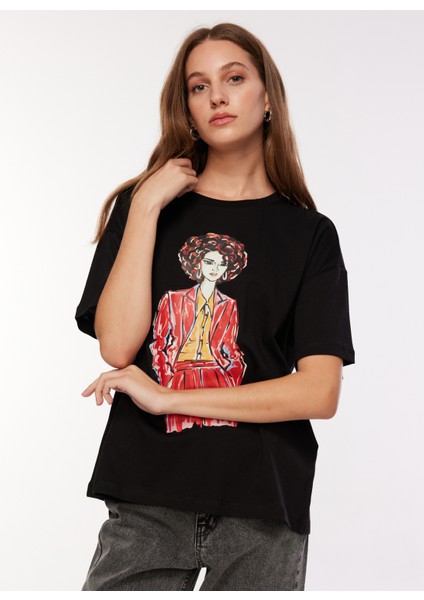 Bisiklet Yaka Baskılı Siyah Kadın T-Shirt F3WL-TST3 modelleri