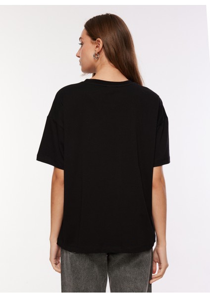 Bisiklet Yaka Baskılı Siyah Kadın T-Shirt F3WL-TST3 indirimleri