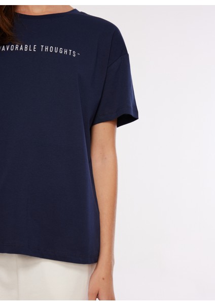 Bisiklet Yaka Baskılı Lacivert Kadın T-Shirt F3WL-TST6 fırsatları