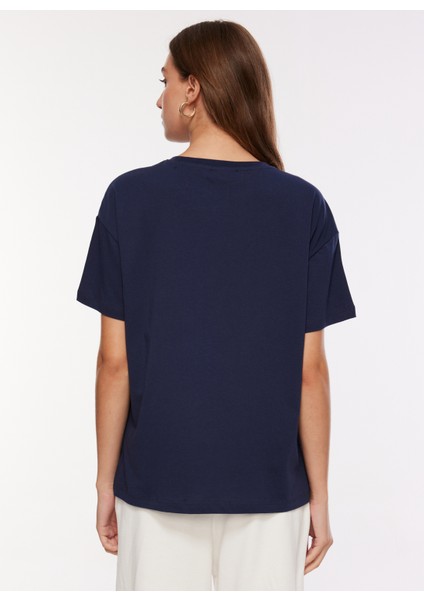 Bisiklet Yaka Baskılı Lacivert Kadın T-Shirt F3WL-TST6 indirimleri