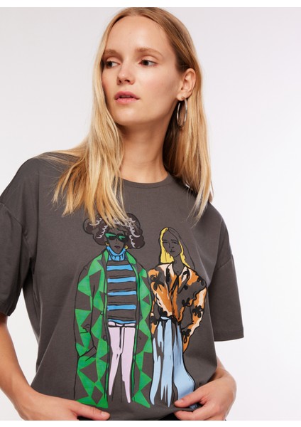 Bisiklet Yaka Baskılı Antrasit Kadın T-Shirt F3WL-TST8 fiyatları