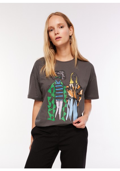 Bisiklet Yaka Baskılı Antrasit Kadın T-Shirt F3WL-TST8 modelleri
