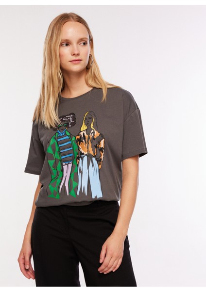 Bisiklet Yaka Baskılı Antrasit Kadın T-Shirt F3WL-TST8 fırsatları