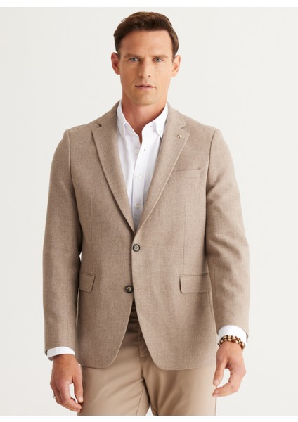 ALTINYILDIZ CLASSICS Erkek Bej Regular Fit Geniş Kesim Mono Yaka Diagonal Desenli Yünlü Blazer Ceket