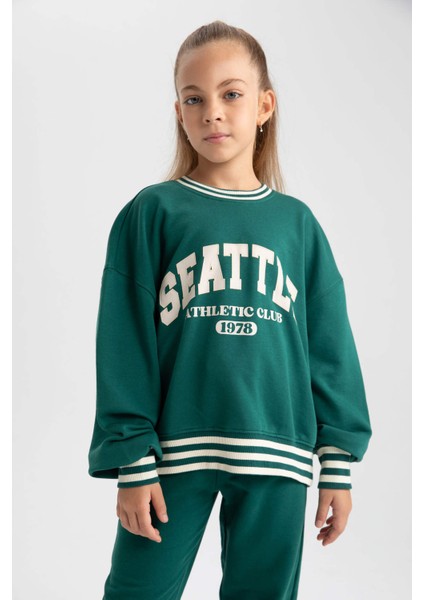 Kız Çocuk Oversize Geniş Kalıp Bisiklet Yaka Baskılı Sweatshirt A5981A823AU