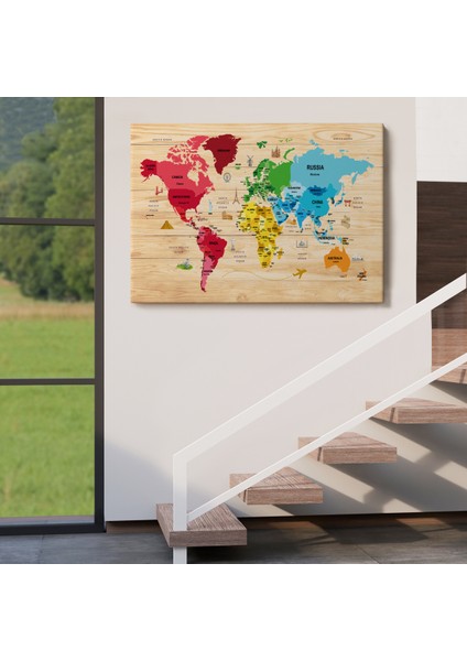 Ahşap Görünümlü Dünya Haritası Dekoratif Kanvas Tablo 2107 indirimleri