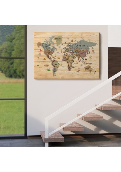 Ahşap Görünümlü Dünya Haritası Sembollü Eğitici Dekoratif TABLO-2950 indirimleri