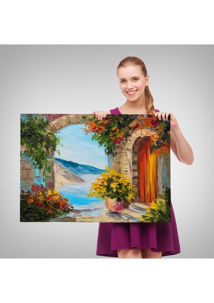 Renkli Çiçekler Arasındaki Deniz Manzaralı Ev Duvar TABLOSU-3636 fırsatları