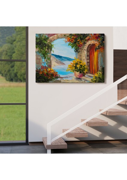 Renkli Çiçekler Arasındaki Deniz Manzaralı Ev Duvar TABLOSU-3636 indirimleri