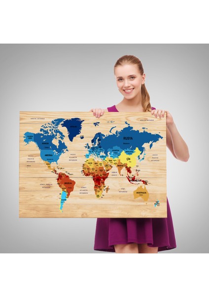 Ahşap Görünümlü Türkçe Dünya Haritası Ülke Başkentli Kanvas Tablo 1820 fırsatları