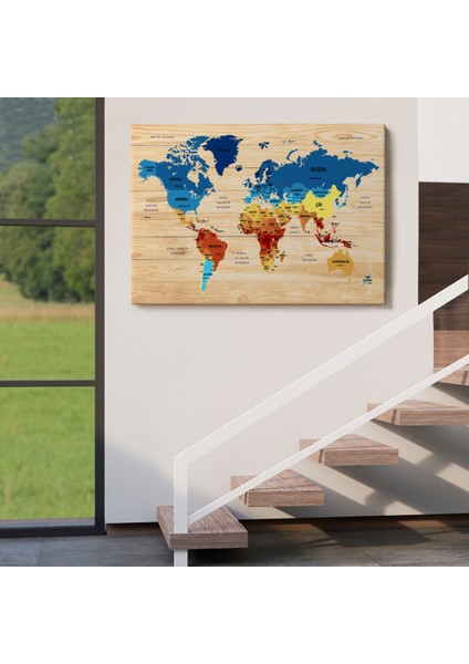 Ahşap Görünümlü Türkçe Dünya Haritası Ülke Başkentli Kanvas Tablo 1820 indirimleri