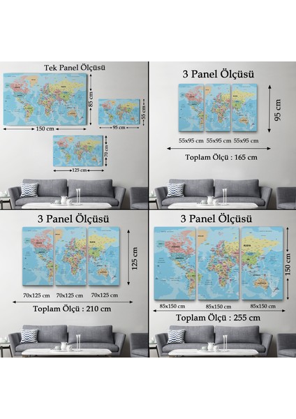 Dünya Haritası Türkçe Kanvas Tablo Ayrıntılı Dekoratif-Okyanuslu 2160 indirimleri