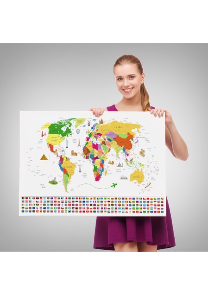 Dünya Haritası Ülke Bayraklı ve Başkentli Kanvas Tablo 1919 fırsatları