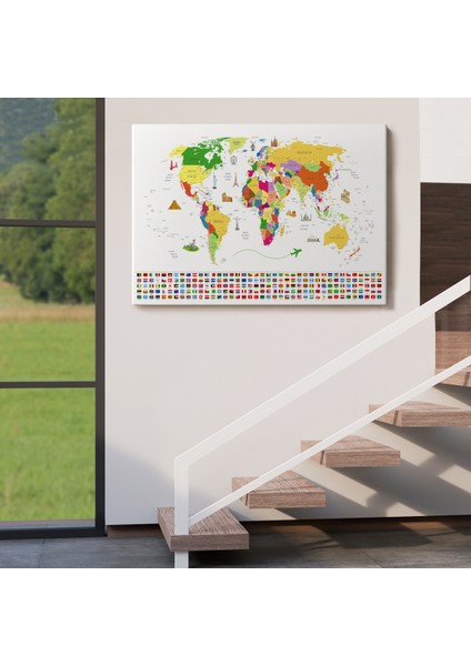 Dünya Haritası Ülke Bayraklı ve Başkentli Kanvas Tablo 1919 indirimleri