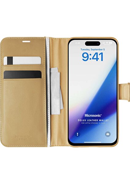 Apple iPhone 15 Plus Kılıf Delux Leather Wallet Gold