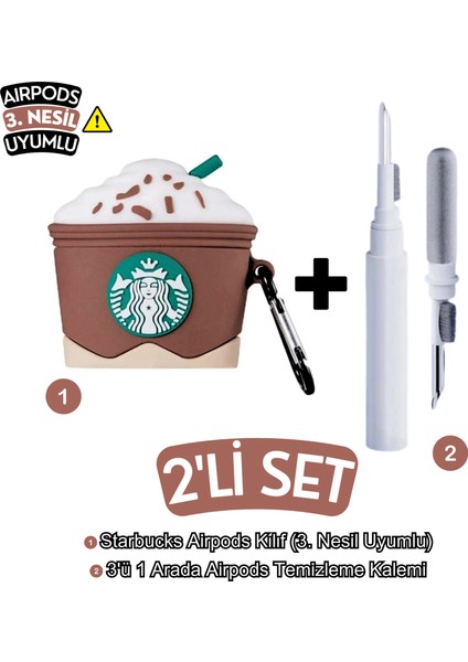 3. Nesil Uyumlu Kahverengi Starbucks Kılıf ve Beyaz 3'ü 1 Arada Kulaklık Temizleme Kalemi Seti