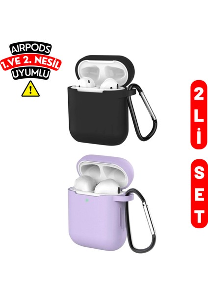 2'li Set 1. ve 2.nesil Uyumlu Siyah ve Lila Silikon Kılıf , Siyah ve Lila Kulaklık Kılıf 2'li Paket