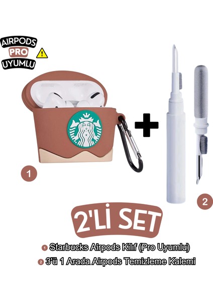 Pro Uyumlu Kahverengi Starbucks Kılıf ve Beyaz 3'ü 1 Arada Bluetooth Kulaklık Temizleme Kalemi Set