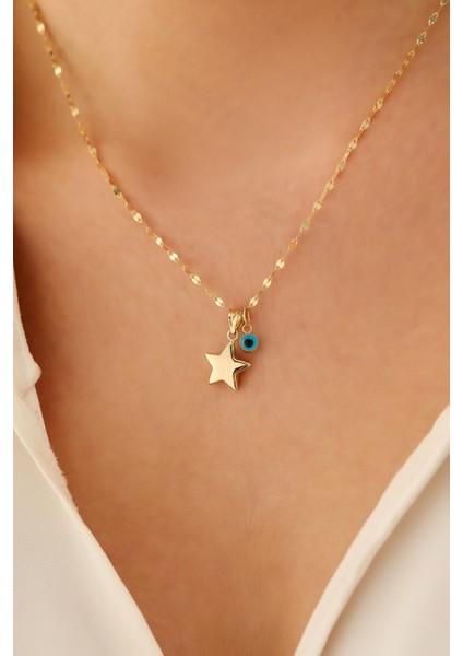 14 Ayar Altın Yıldız Göz Kalın Aynalı Zincir Kolye