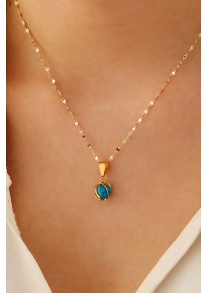 14 Ayar Altın Firuze Kafesli Kalın Aynalı Zincir Kolye