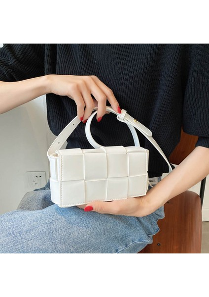Beyaz 1 Mini Kadın Örgü Telefon Messenger Çanta Kısa Saplı Pu Deri Çanta Yaz Lüks Tasarımcı Eğilim Omuz Çantası Bayan Tote (Yurt Dışından)