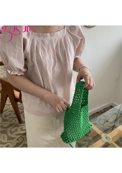 B-Beyaz Gusure Basit Omuz Çantası Oymak Kadın Yaz Plaj Seyahat Shopper Tote Örgü Halat Dokuma Hasır Net Çanta Bayan Çanta (Yurt Dışından) modelleri