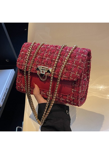 Kırmızı Yün Crossbody Çanta Kadınlar Için Perçin Kilit Omuz Çantaları 2022 Moda Küçük Kare Çanta Tüvit El Çantası Bayanlar Tasarımcı Yeni (Yurt Dışından)