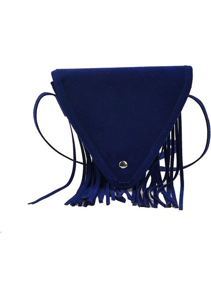 Mavi Mat Deri Saçaklı Kadın Postacı Çantası Sahte Süet Çanta Fırçalama Çanta Hippi Çingene Üçgen Püskül Omuz Crossbody Çanta (Yurt Dışından)