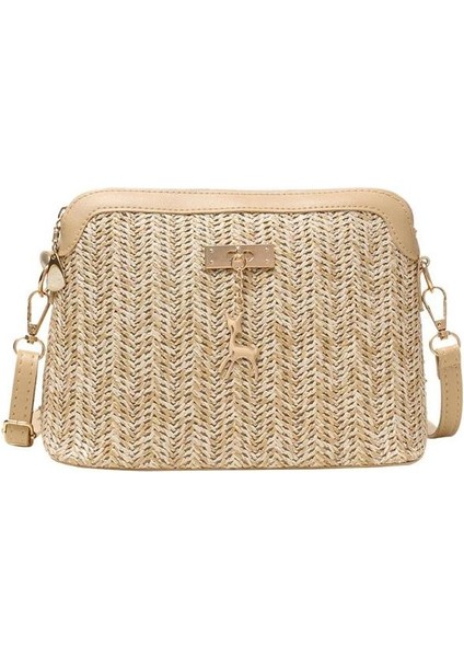 Açık Kahverengi Retro Klasik Omuz Çantası Kullanımlık Boho Plaj Crossbody Hasır Örgü Omuz Çantası Kabuk Zip Çanta Kadın Malzemeleri Için (Yurt Dışından)