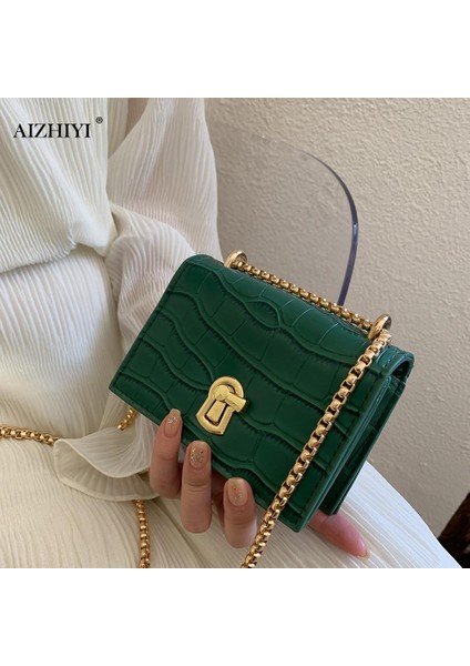 Koyu Haki Mini Kare Flip Çanta 2020 Yaz Yeni Kaliteli Pu Deri Kadın Tasarımcı Çanta Taş Desen Kilit Zinciri Omuz Askılı Çanta (Yurt Dışından) modelleri