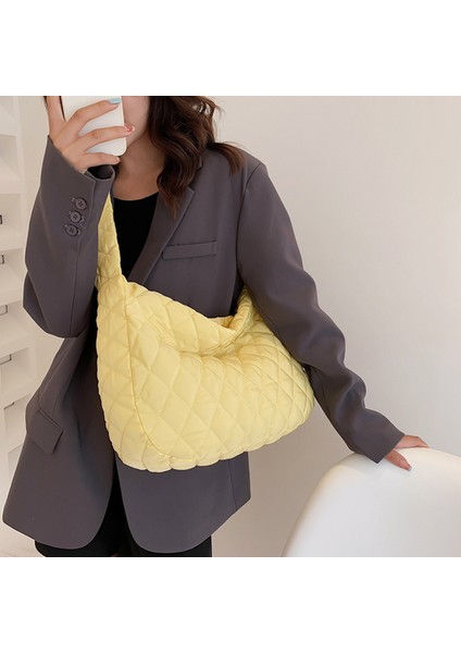 Sarı Eşkenar Dörtgen Kadın Saf Renk Pamuk Yastıklı Kapitone Büyük Omuz Çantası Çanta Tüy Aşağı Çanta Bayanlar Crossbody Çanta Alışveriş Çantaları Hobo (Yurt Dışından)
