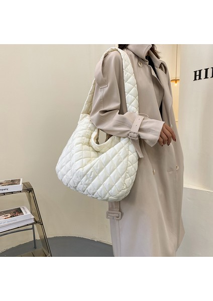 Sarı Eşkenar Dörtgen Kadın Saf Renk Pamuk Yastıklı Kapitone Büyük Omuz Çantası Çanta Tüy Aşağı Çanta Bayanlar Crossbody Çanta Alışveriş Çantaları Hobo (Yurt Dışından)