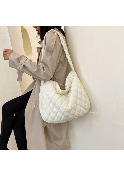 Sarı Eşkenar Dörtgen Kadın Saf Renk Pamuk Yastıklı Kapitone Büyük Omuz Çantası Çanta Tüy Aşağı Çanta Bayanlar Crossbody Çanta Alışveriş Çantaları Hobo (Yurt Dışından)
