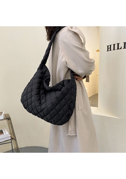 Sarı Eşkenar Dörtgen Kadın Saf Renk Pamuk Yastıklı Kapitone Büyük Omuz Çantası Çanta Tüy Aşağı Çanta Bayanlar Crossbody Çanta Alışveriş Çantaları Hobo (Yurt Dışından)