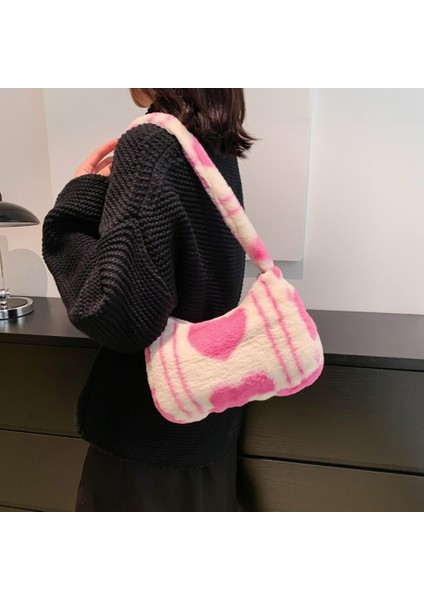 Kahverengi Peluş Kabarık Bez Çantalar Rahat Sonbahar Kış Üstten Saplı Çanta Taşınabilir Moda Aşk Kalp Baskılı Koltukaltı Çantaları Sokak Seyahat Tote (Yurt Dışından) modelleri