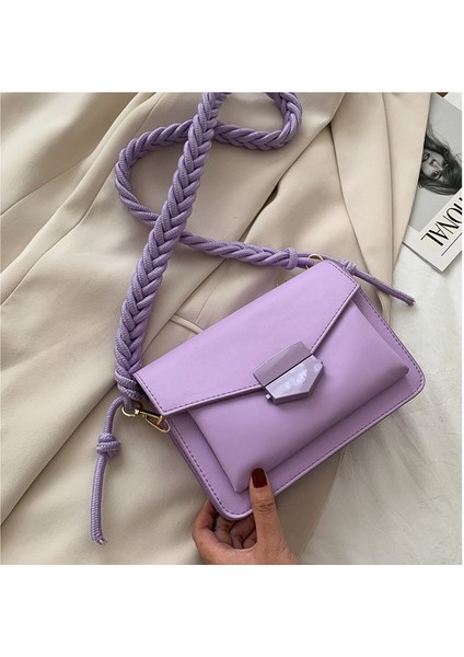 Mor 5 Renkler Kadın Kızlar Küçük Crossbody Çanta Yeni Moda Düz Renk Pu Deri Omuz Çantası Örgülü Kayış ile 20 x 6.5 x 14 cm (Yurt Dışından)