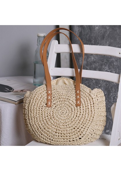 Bej Yuvarlak Hasır Plaj Çantası Eski Dokuma Omuz Çantaları Rattan Bohemian Yaz Tatili Rahat Çanta Kadın Kızlar Için (Yurt Dışından) fırsatları