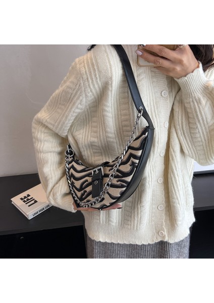 Siyah Beyaz Stil 1 Moda Yarım Ay Bayanlar Çanta Retro Rahat Kadın Tote Omuz Çantası Kanvas Çanta Hobo Koltukaltı Omuz Çantaları Shopper Çanta (Yurt Dışından)