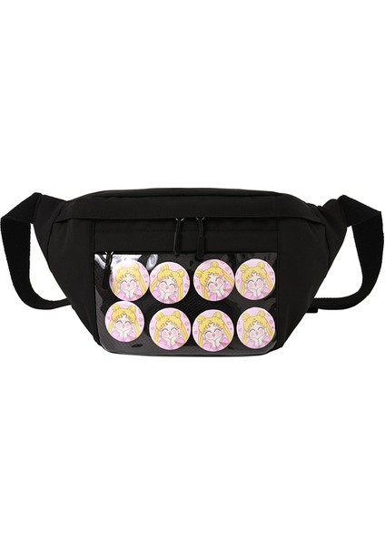 Siyah Ita Göğüs Çantası Harajuku Bayanlar Crossbody Çanta Temizle Pencere Kızlar Için Cep Pimleri Bebek Ekran Kawaii Ita Omuz Göğüs Mini Çanta (Yurt Dışından)