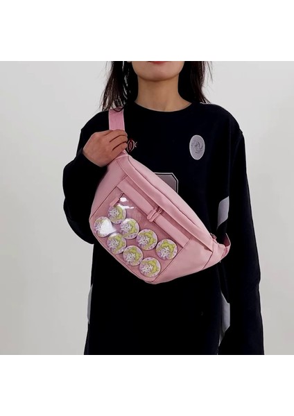 Siyah Ita Göğüs Çantası Harajuku Bayanlar Crossbody Çanta Temizle Pencere Kızlar Için Cep Pimleri Bebek Ekran Kawaii Ita Omuz Göğüs Mini Çanta (Yurt Dışından)